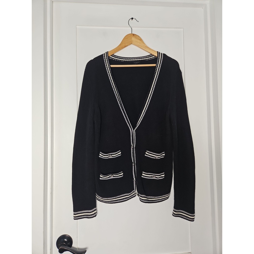 Talbots Black Striped Cardigan Medium Cotton Knit Button Front‎ V-Neck Preppy
